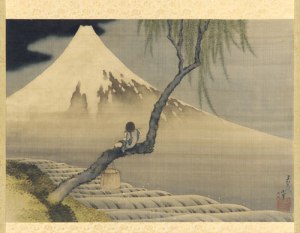 “Boy sitting on a tree branch playing a flute in the foreground, Mt. Fuji in the distance”, 1839